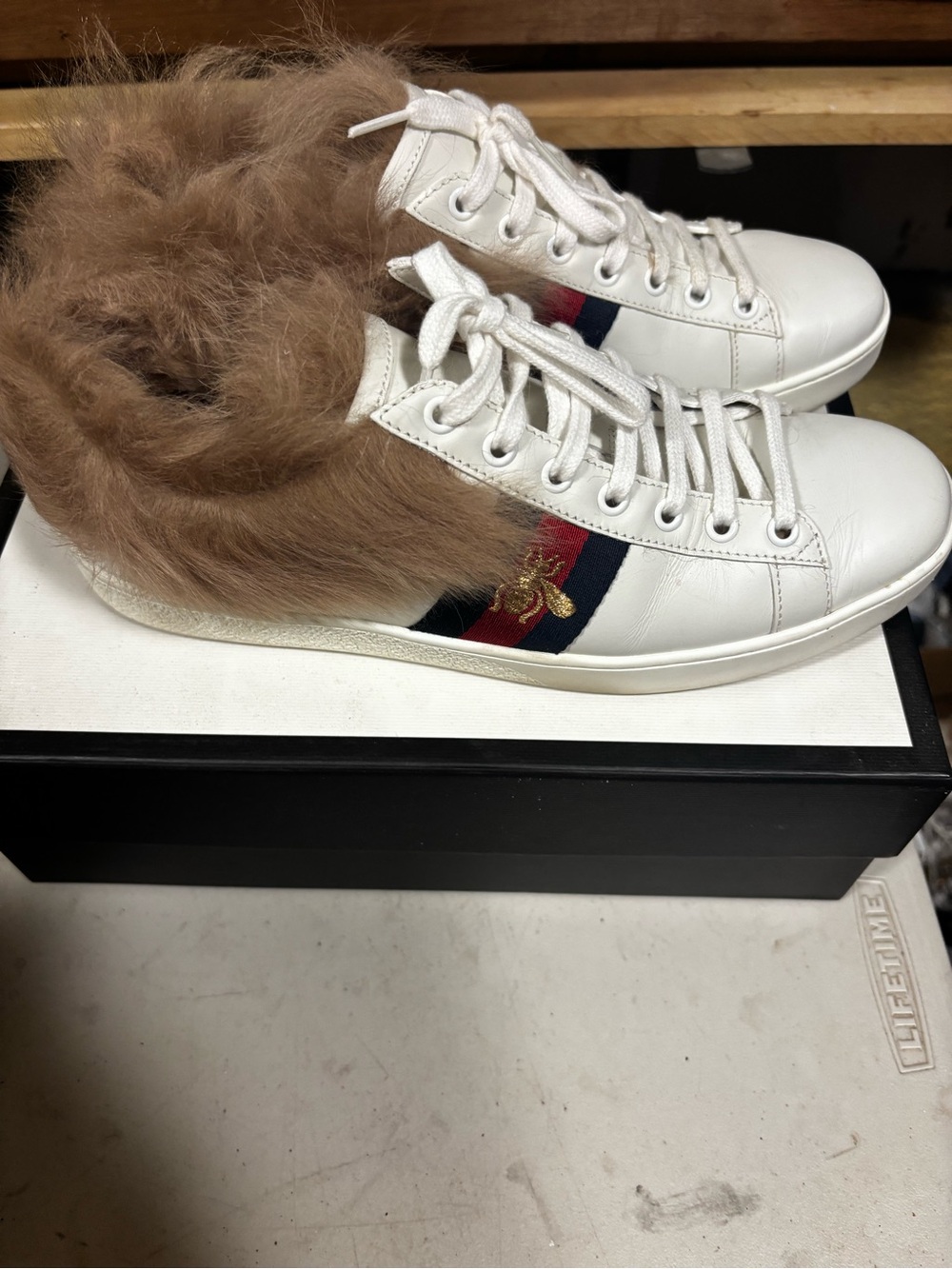 Gucci White Leather Fur-Lined Sneaker with Red & Green stripes